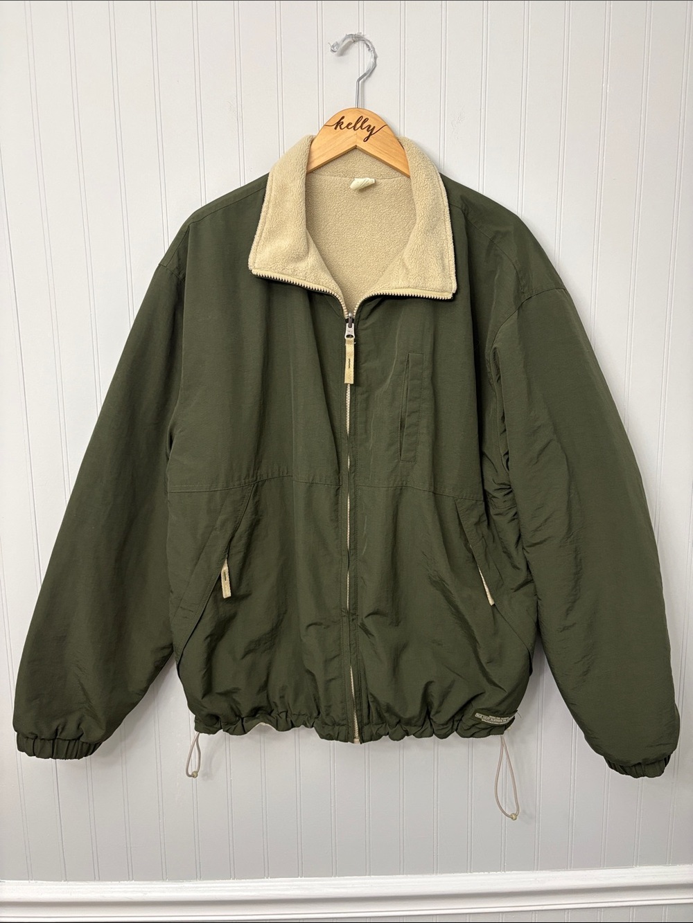 Old Navy Vintage Y2K Reversible Fleece Nylon Jacket Green Beige Men Size Large